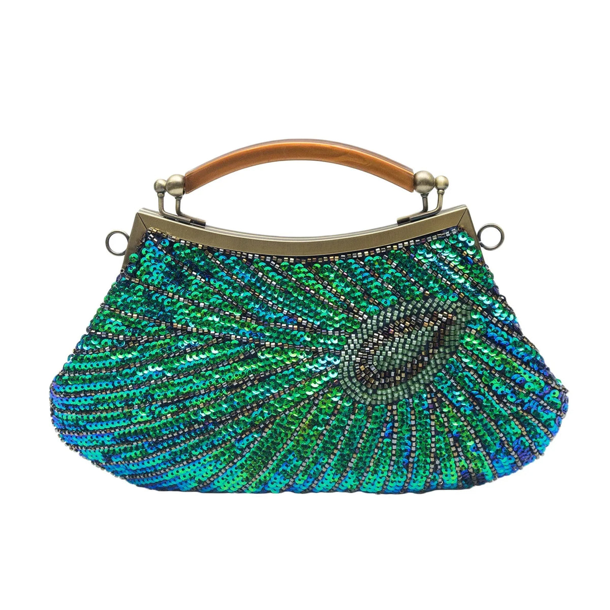 Beaded evening clutch with peacock-feather design – vintage handbag for women